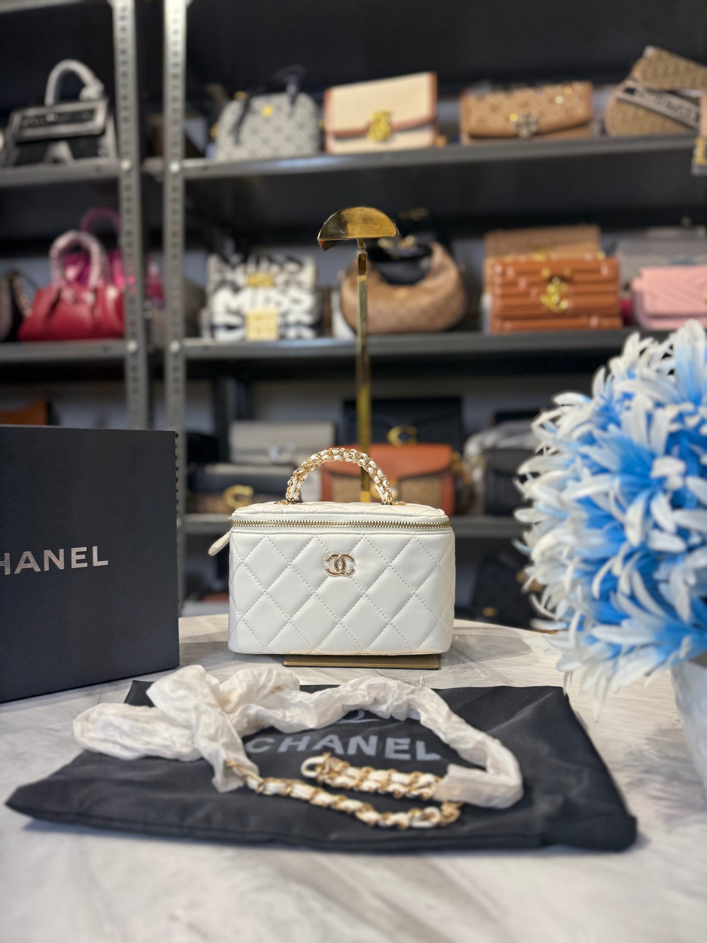 CL Vanity Bag With Chain Bag With OG Box & Dust Bag ( White )